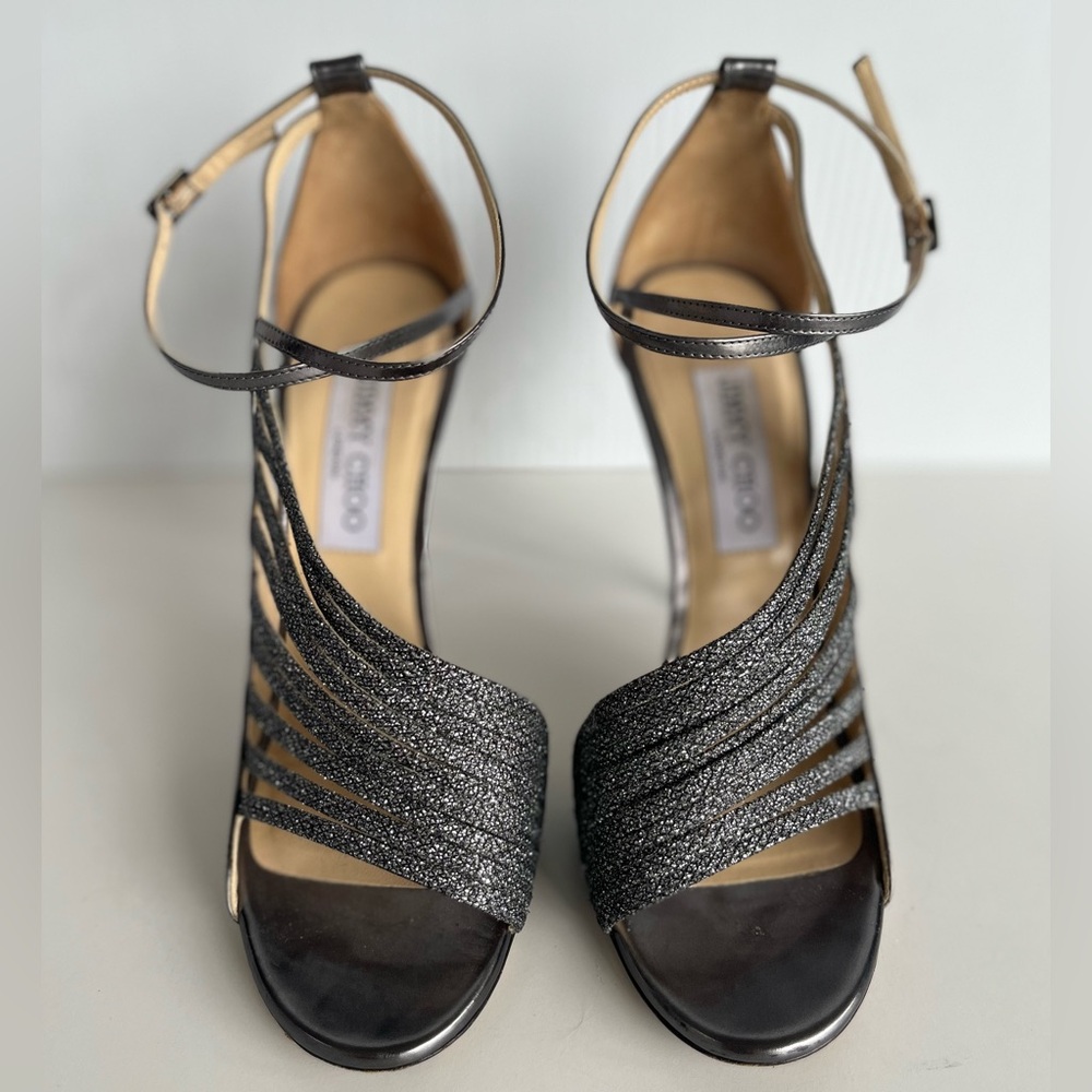 Jimmy Choo Leather Heels - Sparkly Pewter Silver